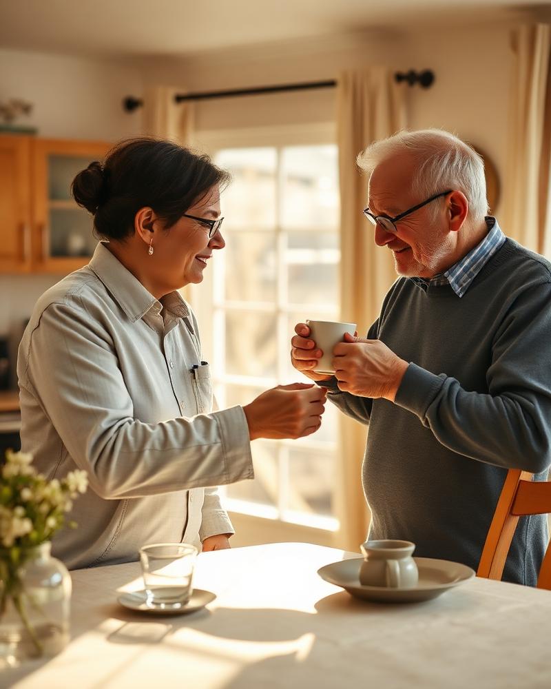 Caregiver serving tea to elderly man