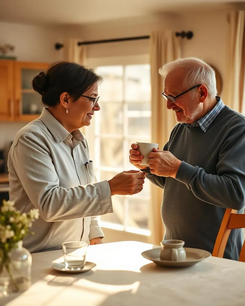 Caregiver serving tea to elderly man