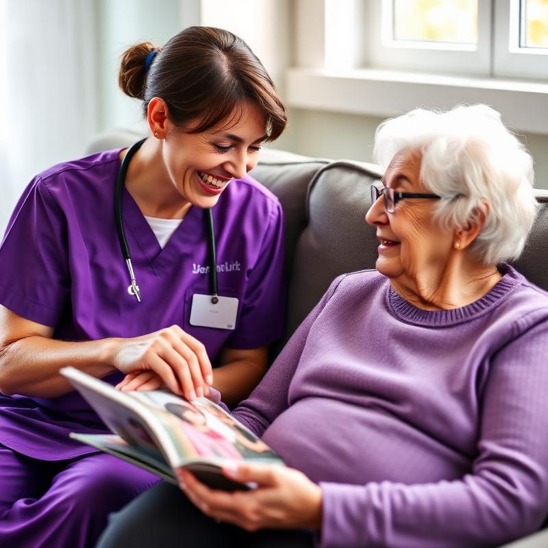 Caregiver laughing with senior over photo album