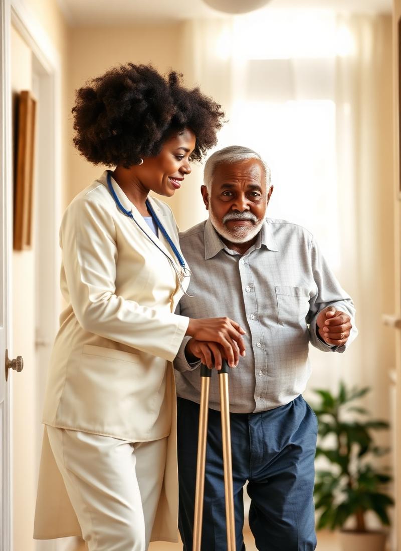 Caregiver helping man walk with cane
