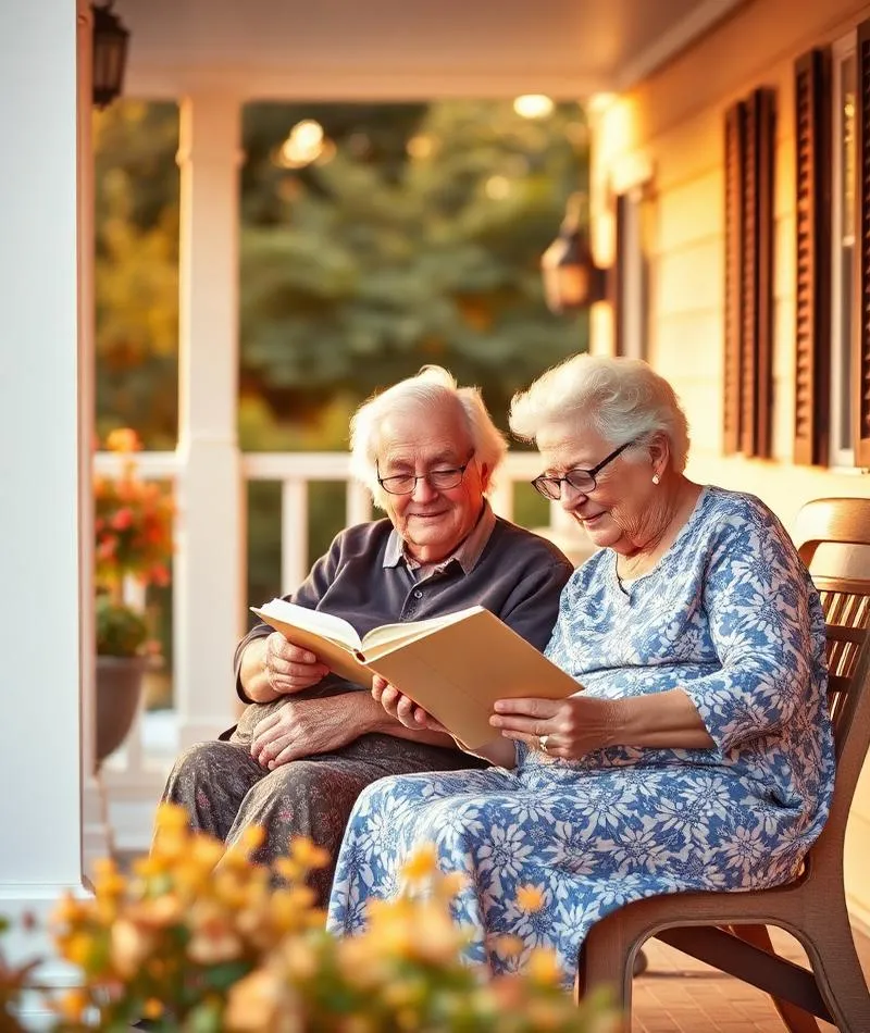Elderly couple reading on porch